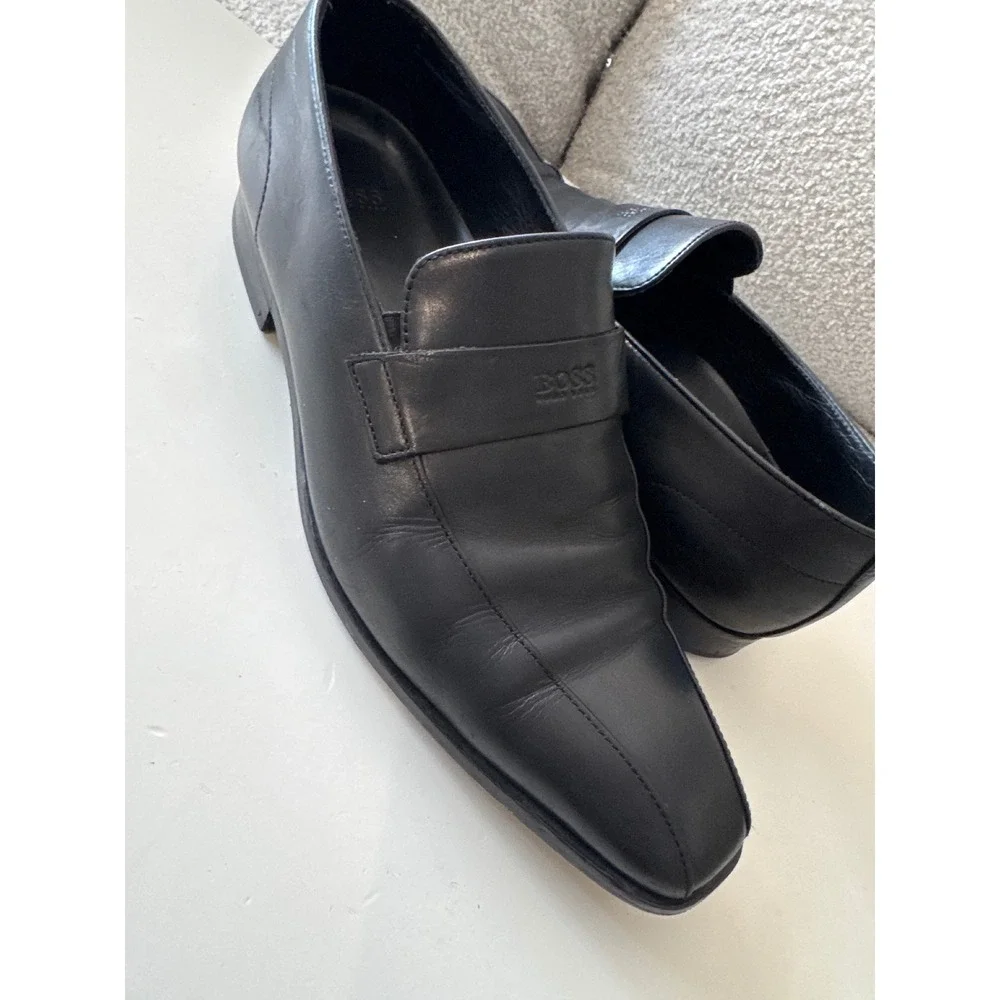 Men's AL1 HUGO BOSS BLACK LEATHER‎ LOAFER SHOES size 9 classic stylish